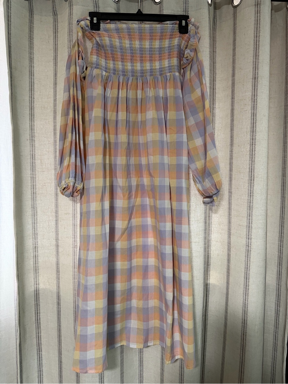Amazon Pastel Plaid Off-Shoulder Maxi Dress in Lavender, Yellow, Peach